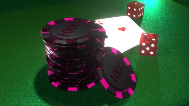 Покерные Фишки Игральные Карты Кости Игровом Столе Концепция Казино — стоковое видео