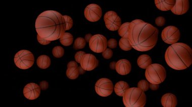 Basketbol topları siyah arka planda kameraya çarpar. Oyun.