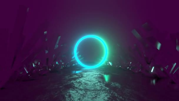 Soyut Neon Video Görüntüleri Kristaller Arasında Parlayan Daire — Stok video
