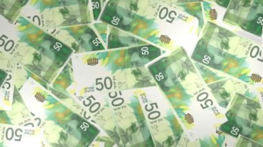 50 Israeli shekels money composition. Financial background. Many banknotes and wads of money. Business or economy concept. Cash.