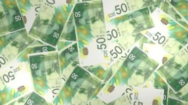 50 Israeli shekels money composition. Financial background. Many banknotes and wads of money. Business or economy concept. Cash.