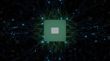 İşlemci. Modern işlemci. Anakart. Bağlantıları ve sinyalleri olan bilgisayar çipi.