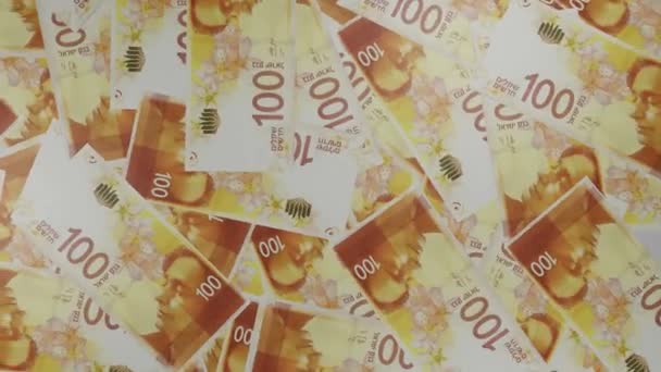 100 Israeli Shekels Money Composition Financial Background Many Banknotes Wads — Vídeos de Stock