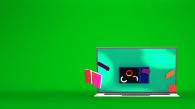 Creative modern design suitable for internet services, social apps, online learning promotion. Laptop with statistical graphs, message bubbles, books. Chromakey background.