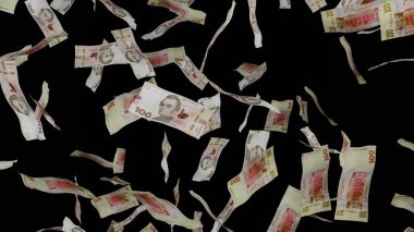 Birçok banknot siyah arka plana düşüyor. 100 Ukrayna Hryvnia banknotu. Para yağmuru. Mali ve iş konsepti.