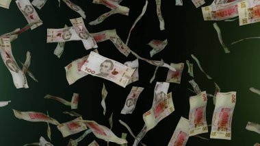 Bir sürü para yere düşüyor. 100 Ukrayna Hryvnia banknotu. Para yağmuru. Finansal ve iş konsepti. Piyango ya da piyango ödülü.