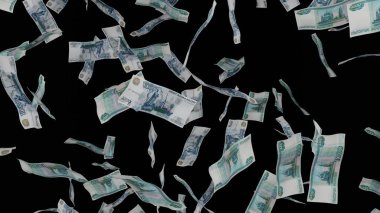 1000 Rus Rublesi düşüyor. Banknotlar siyah arka planda izole edildi. İkramiye ya da piyango ödülü. İş dünyası.