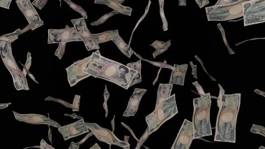 1000 Japon Yen 'i düşüyor. Banknotlar siyah arka planda izole edildi. İkramiye ya da piyango ödülü. İş dünyası.