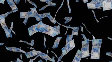 2000 Rus Rublesi düşüyor. Banknotlar siyah arka planda izole edildi. İkramiye ya da piyango ödülü. İş dünyası.