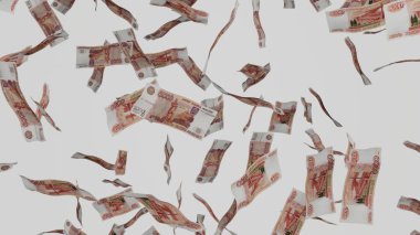 5000 Rus Rublesi düşüyor. Banknotlar beyaz arka planda izole edildi. İkramiye ya da piyango ödülü. İş dünyası.