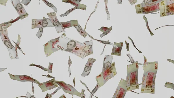 Birçok banknot beyaz arka plana düşüyor. 100 Ukrayna Hryvnia banknotu. Yığınla para. Mali ve iş konsepti.