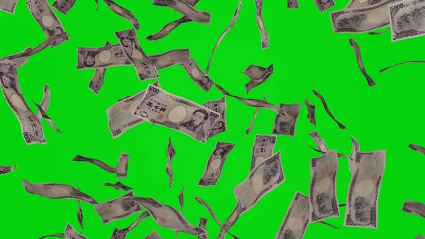 5000 Japanische Yen Scheine Fielen Banknoten Isoliert Auf Chromakey Hintergrund — Stockfoto