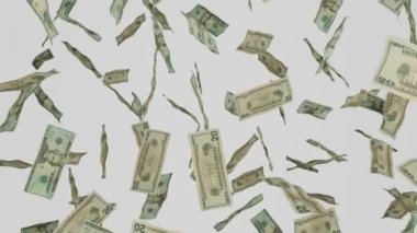 20 dolarlık banknotlar düşüyor. Banknotlar beyaz arka planda izole edildi. İkramiye ya da piyango ödülü. İş dünyası.