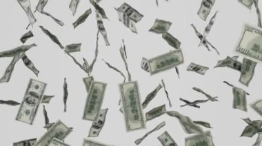 100 dolarlık banknotlar düşüyor. Banknotlar beyaz arka planda izole edildi. İkramiye ya da piyango ödülü. İş dünyası.