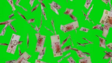 Birçok banknot krom arka plana düşüyor. 100 Ukrayna Hryvnia banknotu. Yığınla para. Finansal ve iş konsepti. Yeşil Ekran.