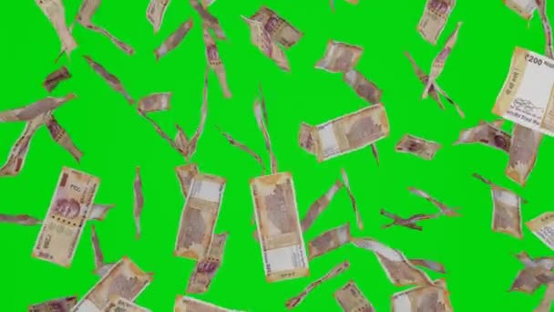 200 Indiase Rupee Biljetten Vallen Naar Beneden Bankbiljetten Geïsoleerd Chromakey — Stockvideo