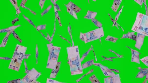 Muchos Billetes Cayendo Sobre Fondo Cromakey 200 Billetes Ucranianos Hryvnia — Vídeos de Stock