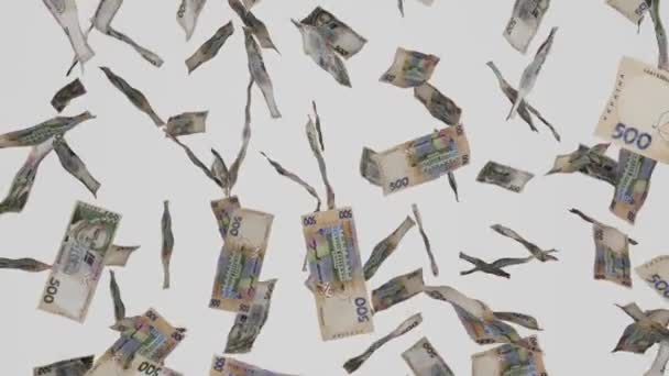 Veel Bankbiljetten Vallen Neer Een Witte Achtergrond 500 Oekraïense Hryvnia — Stockvideo