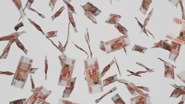 5000ロシアのルーブル紙幣が落ちています 白地に隔離された銀行券 ジャックポットや宝くじ賞 — ストック動画