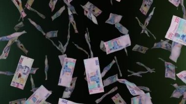Bir sürü para yere düşüyor. 200 Ukrayna Hryvnia banknotları. Para yağmuru. Finansal ve iş konsepti. Piyango ya da piyango ödülü.