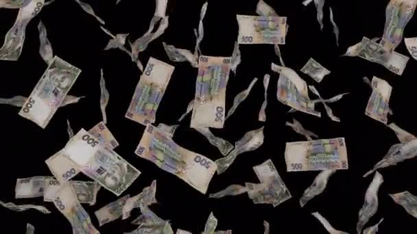 Mnoho Bankovek Padá Průhledné Pozadí 500 Ukrajinských Hřivnáčů Prší Finanční — Stock video
