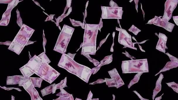 2000 Notas Rupia Indiana Caindo Notas Isoladas Fundo Transparente Jackpot — Vídeo de Stock