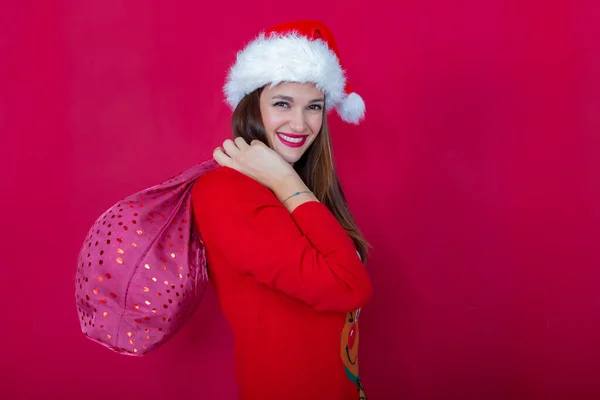 Bella Donna Sorridente Con Cappello Babbo Natale Maglione Renna Natale — Foto Stock