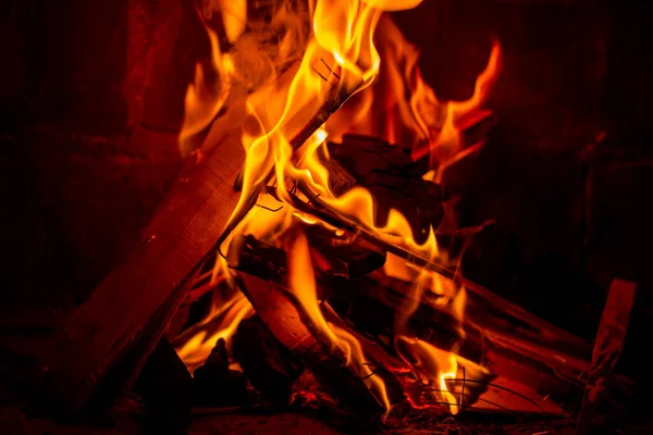 Detailed Close Wooden Planks Burning Bonfire — Stock Photo, Image
