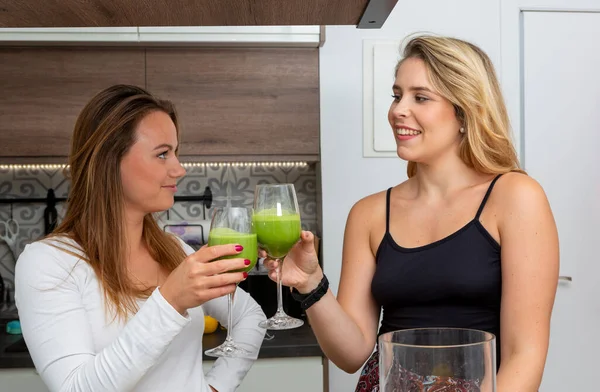 Vegan lesbian couple, preparing spinach smoothie. LGTB concept, vegan people