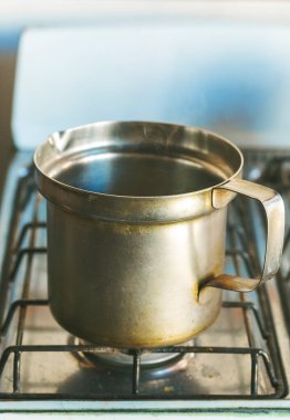 closeup of old saucepan on gas cooker