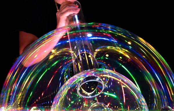 Close Shot Soap Bubble Created Another Plastic Tubing — 图库照片