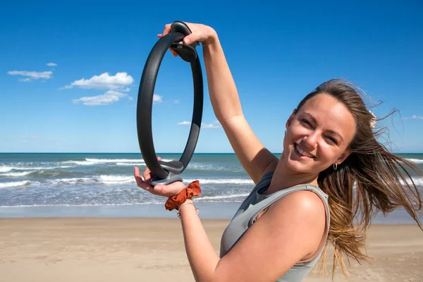 Woman Pilates Ring Beach — Stok fotoğraf