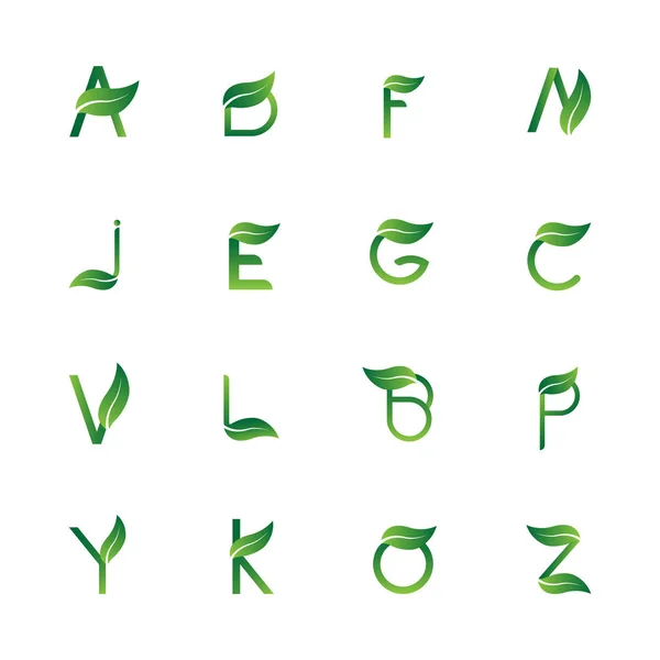 Letras Del Alfabeto Verde Iniciales Conjunto Logo Con Hojas Símbolos — Vector de stock