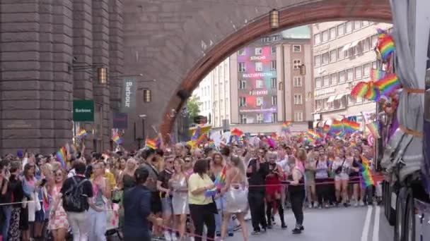 Grupa Ludzi Świętująca Dumę Szwecji Sztokholmie Sierpniu 2022 Roku Wysokiej — Wideo stockowe