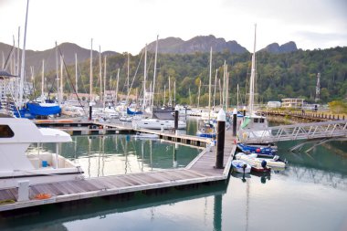 Telaga Liman Parkı Langkawi, Malezya: 27 Aralık 2020 - Güzel doğa manzaralı ana üs yatları manzarası.