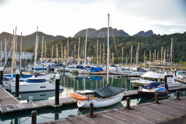 Telaga Liman Parkı Langkawi, Malezya: 27 Aralık 2020 - Güzel doğa manzaralı ana üs yatları manzarası.