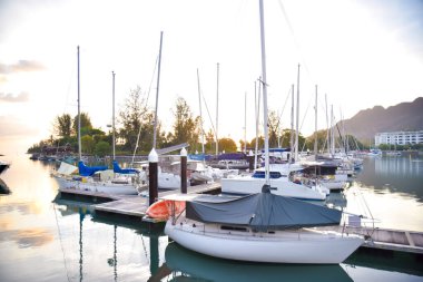 Telaga Liman Parkı Langkawi, Malezya: 27 Aralık 2020 - Güzel doğa manzaralı ana üs yatları manzarası.