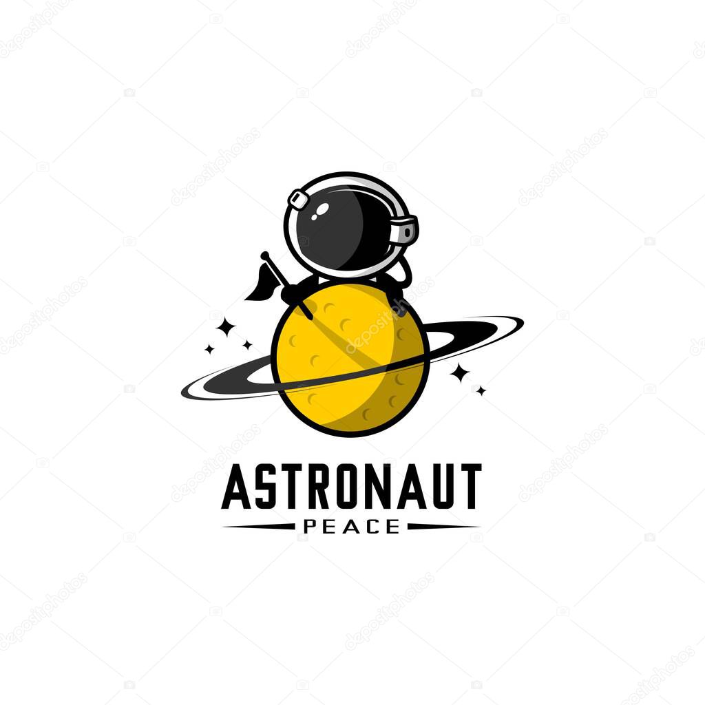 Vector illustration of astronaut logo planting a flag on the planet