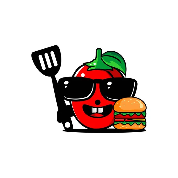 Vector Illustration Red Tomato Character Cute Tomato Big Burger — Stock vektor