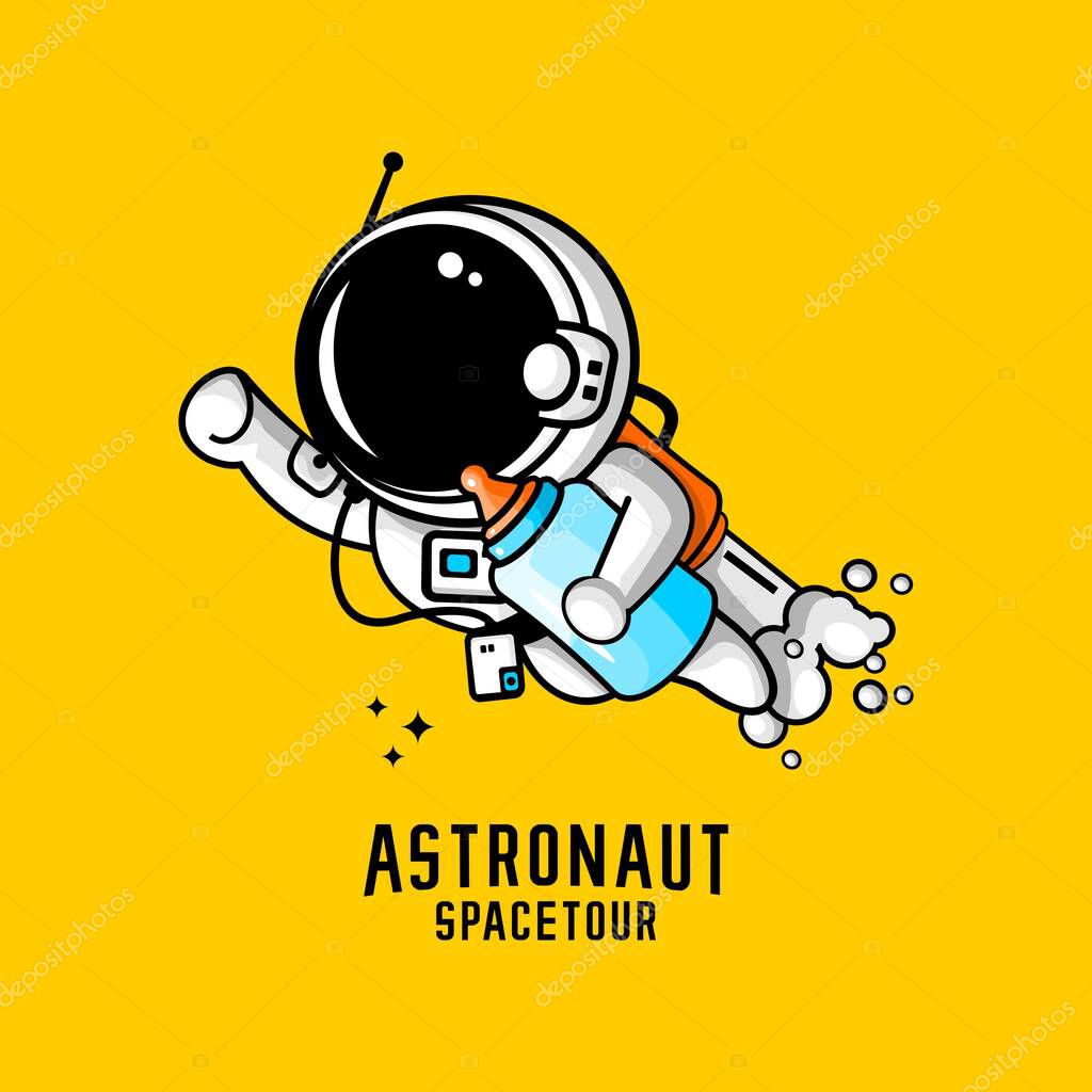 Little boy astronaut vector illustration carrying a pacifier bottle