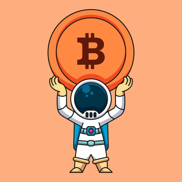 Astronauta Levantando Moneda Criptomoneda Bitcoin Ilustración Lindo Icono Dibujos Animados — Vector de stock