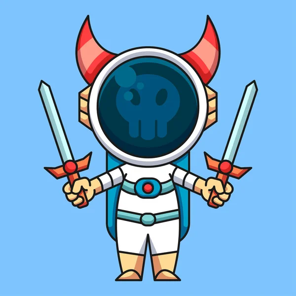 Monster Astronaut Wearing Two Swords Cute Cartoon Icon Illustration — Stock Vector