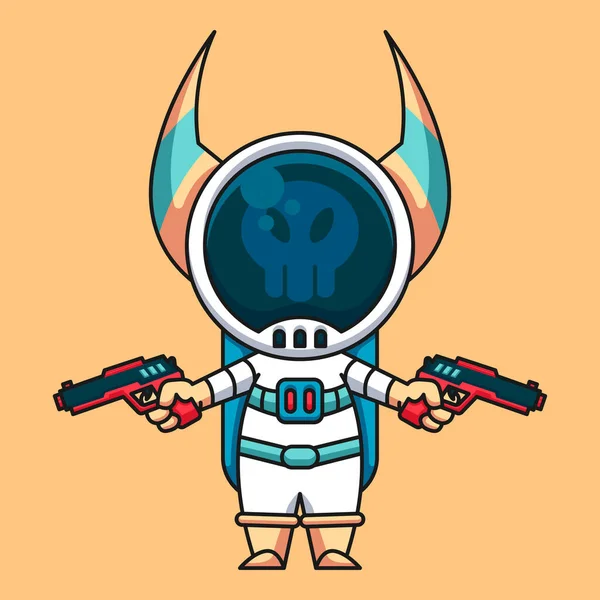 Monster Astronaut Wearing Two Guns Cute Cartoon Icon Illustration — Stock Vector