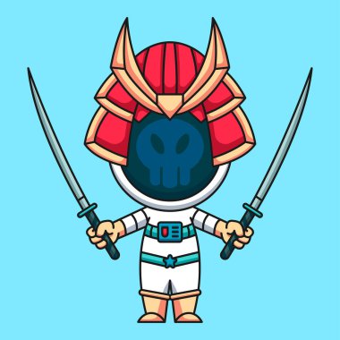 Samuray astronot iki katana giyiyor, şirin çizgi film ikonu çizimi