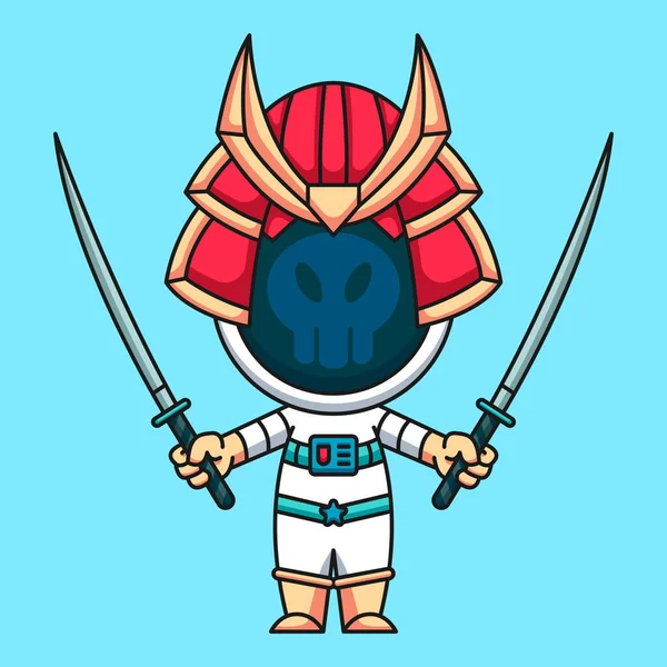 Samurai Astronaut Wearing Two Katana Cute Cartoon Icon Illustration — Stock Vector