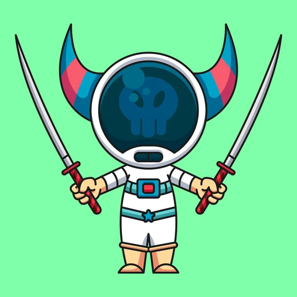 Monster Astronauta Indossa Due Katana Simpatico Cartone Animato Icona Illustrazione — Vettoriale Stock