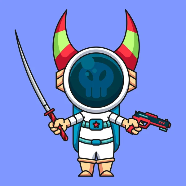 Monstruo Astronauta Con Katana Pistola Ilustración Lindo Icono Dibujos Animados — Vector de stock