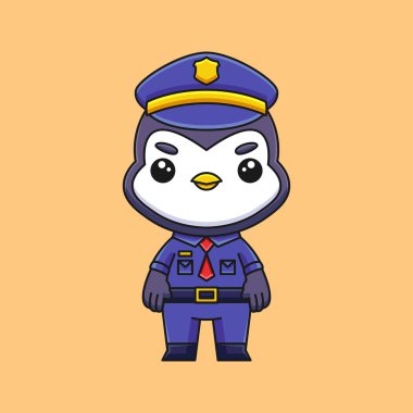 Sevimli polis pengueni çizgi filmi karalama el çizimi konsept vektör kawaii ikon illüstrasyonu