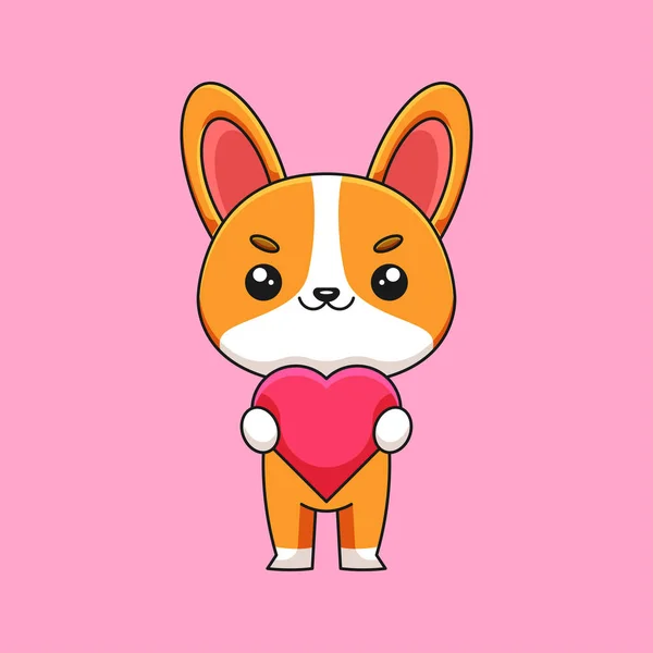 Corgi Bonito Segurando Amor Coração Desenho Animado Doodle Arte Mão — Vetor de Stock