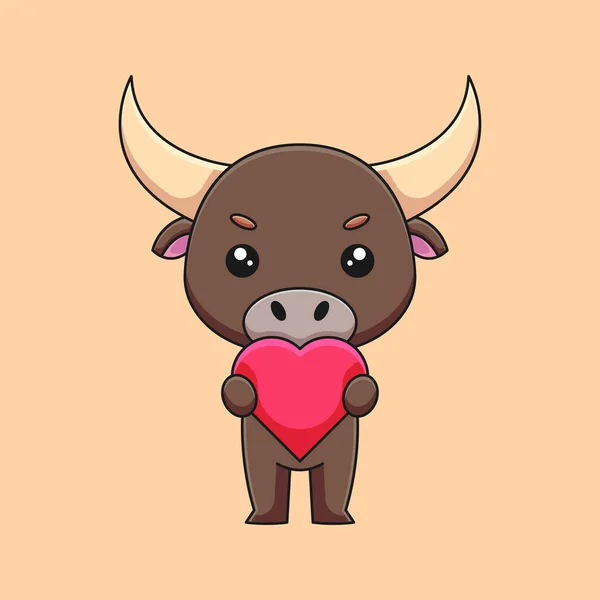 Cute Bull Holding Love Hearth Cartoon Doodle Art Hand Drawn — Stock Vector